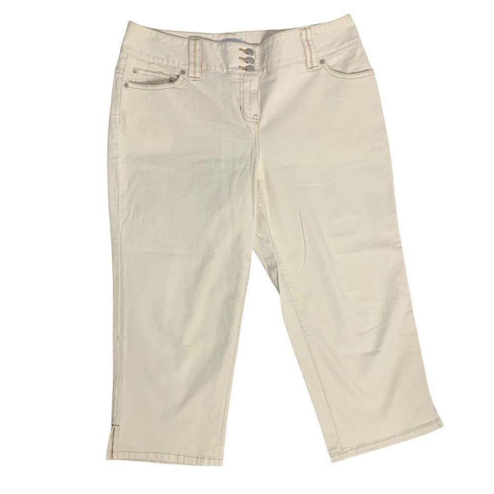 Vintage Ann Taylor Denim Capri Jeans 10 Beige Mid Rise Straight Buttons Stretch